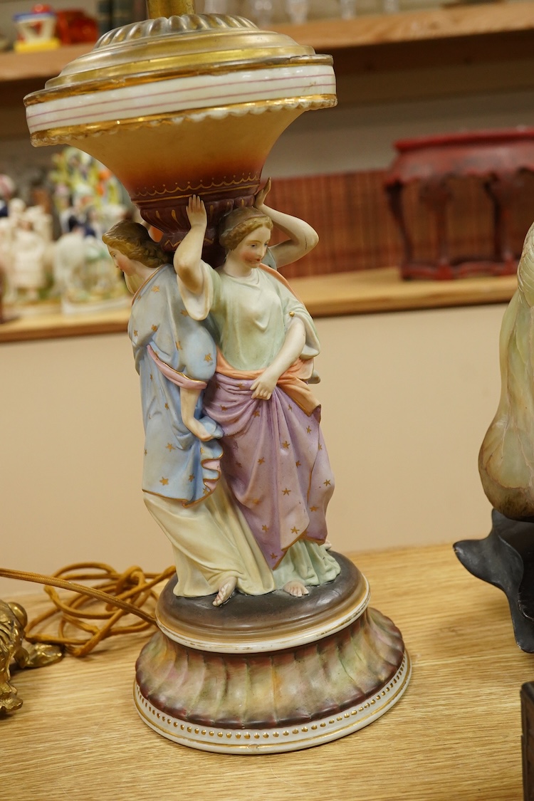 A Continental Three Graces table lamp and another table lamp mounted with a seated figure, largest 44cm high including the fitting